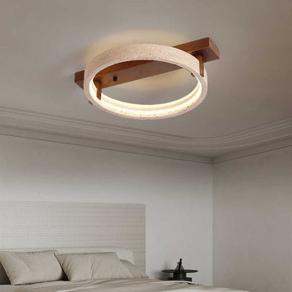 Contemporary Nordic Travertine Walnut Circle Rectangular Base LED Semi-Flush Mount Ceiling Light For Bedroom