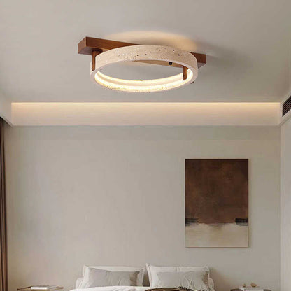 Contemporary Nordic Travertine Walnut Circle Rectangular Base LED Semi-Flush Mount Ceiling Light For Bedroom