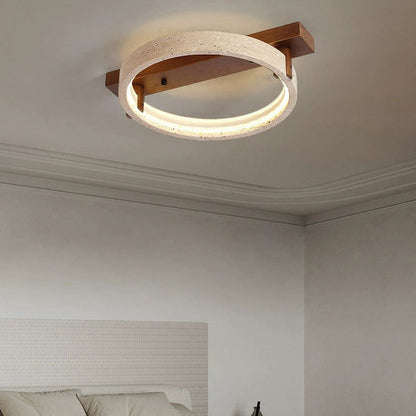 Contemporary Nordic Travertine Walnut Circle Rectangular Base LED Semi-Flush Mount Ceiling Light For Bedroom