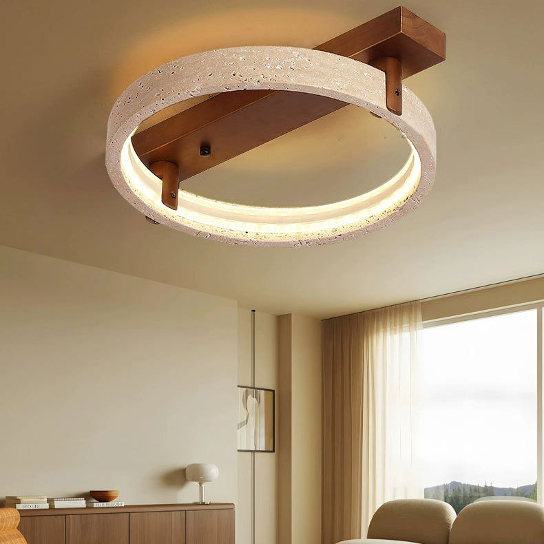 Contemporary Nordic Travertine Walnut Circle Rectangular Base LED Semi-Flush Mount Ceiling Light For Bedroom