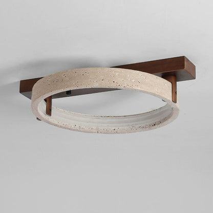Contemporary Nordic Travertine Walnut Circle Rectangular Base LED Semi-Flush Mount Ceiling Light For Bedroom