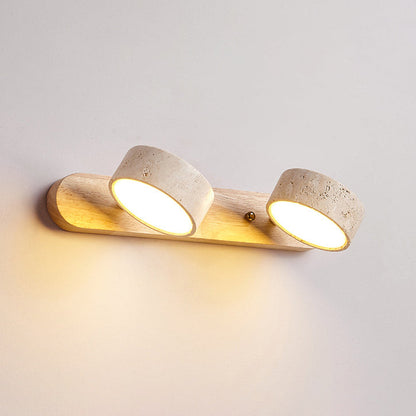 Traditional Japanese Travertine Wood Round Rotatable LED Wall Sconce Lamp Vanity Lighting For Bathroom