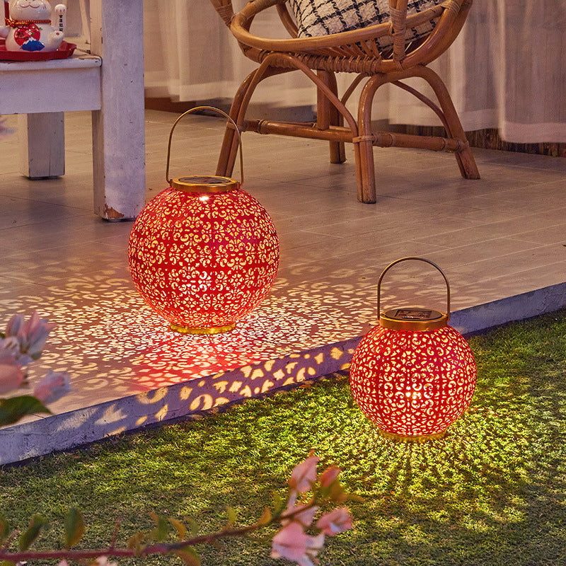 Traditional Chinese Solar Waterproof Iron Hollowed Lantern LED Outdoor Light Landscape Lighting For Garden