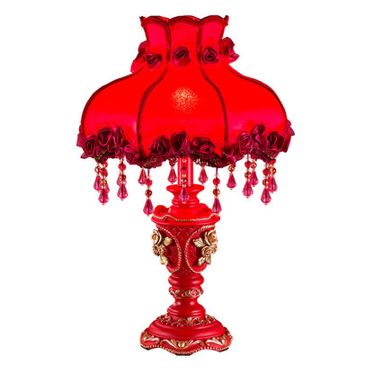 Traditional European Fabric Resin Rose Carved Column Beads Wedding Decoration 1-Light Table Lamp For Bedside