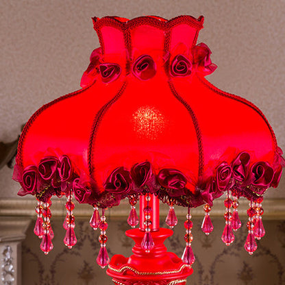 Traditional European Fabric Resin Rose Carved Column Beads Wedding Decoration 1-Light Table Lamp For Bedside