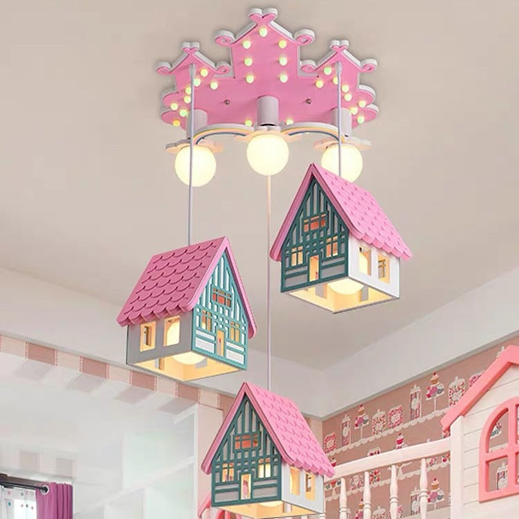 Contemporary Creative Kids Wood House 6-Light Chandeliers For Bedroom