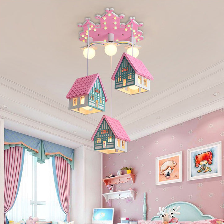 Contemporary Creative Kids Wood House 6-Light Chandeliers For Bedroom