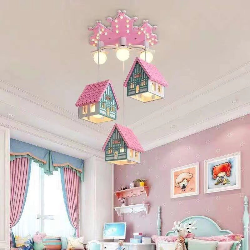 Contemporary Creative Kids Wood House 6-Light Chandeliers For Bedroom