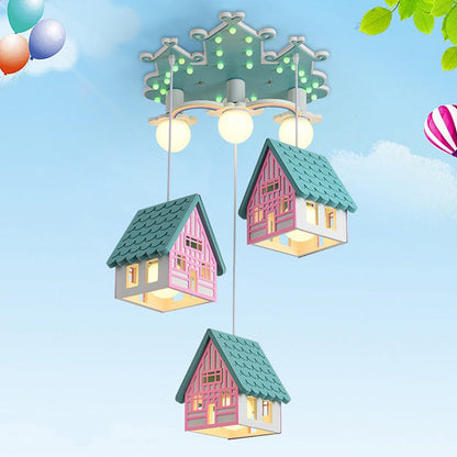 Contemporary Creative Kids Wood House 6-Light Chandeliers For Bedroom