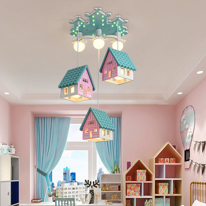 Contemporary Creative Kids Wood House 6-Light Chandeliers For Bedroom
