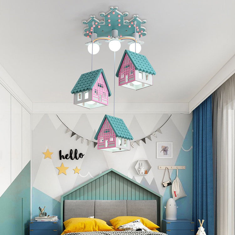 Contemporary Creative Kids Wood House 6-Light Chandeliers For Bedroom