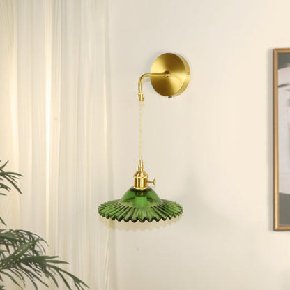 Contemporary Retro Rechargeable Brass Glass Scalloped Skirt 1-Light Wall Sconce Lamp For Bedside