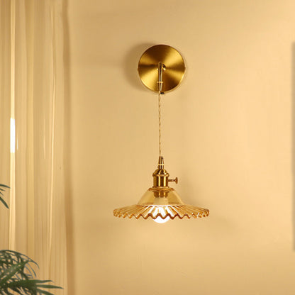 Contemporary Retro Rechargeable Brass Glass Scalloped Skirt 1-Light Wall Sconce Lamp For Bedside