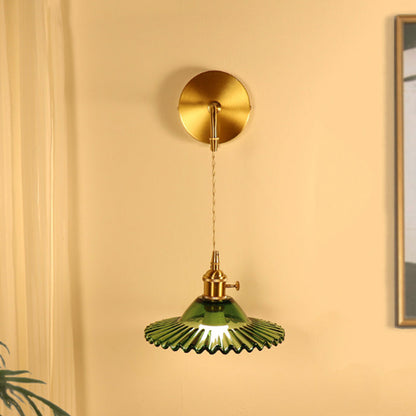 Contemporary Retro Rechargeable Brass Glass Scalloped Skirt 1-Light Wall Sconce Lamp For Bedside