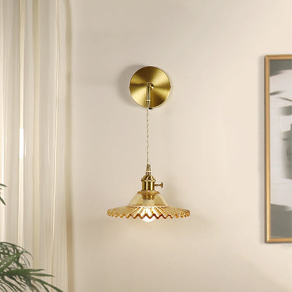 Contemporary Retro Rechargeable Brass Glass Scalloped Skirt 1-Light Wall Sconce Lamp For Bedside