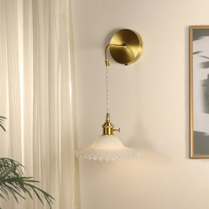 Contemporary Retro Rechargeable Brass Glass Scalloped Skirt 1-Light Wall Sconce Lamp For Bedside