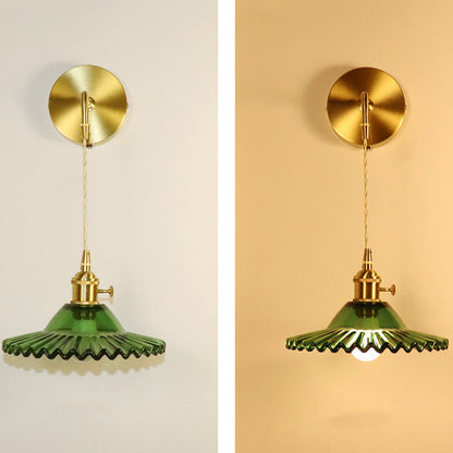 Contemporary Retro Rechargeable Brass Glass Scalloped Skirt 1-Light Wall Sconce Lamp For Bedside