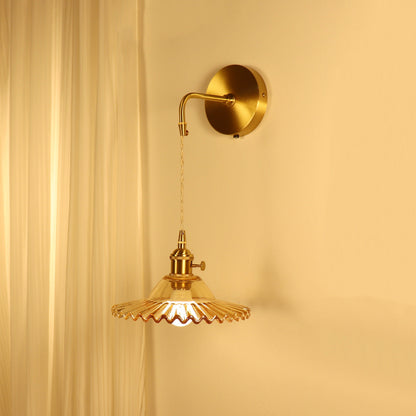 Contemporary Retro Rechargeable Brass Glass Scalloped Skirt 1-Light Wall Sconce Lamp For Bedside