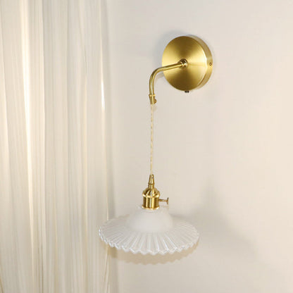 Contemporary Retro Rechargeable Brass Glass Scalloped Skirt 1-Light Wall Sconce Lamp For Bedside