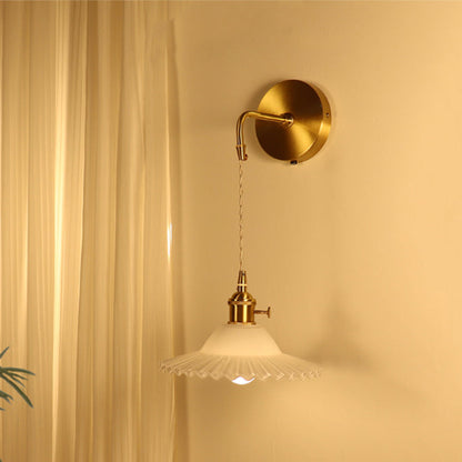 Contemporary Retro Rechargeable Brass Glass Scalloped Skirt 1-Light Wall Sconce Lamp For Bedside