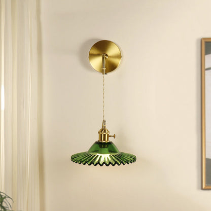 Contemporary Retro Rechargeable Brass Glass Scalloped Skirt 1-Light Wall Sconce Lamp For Bedside