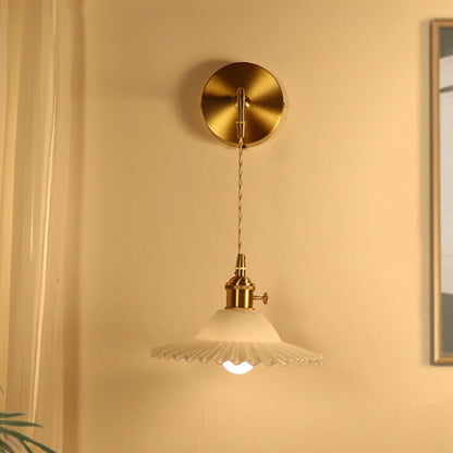 Contemporary Retro Rechargeable Brass Glass Scalloped Skirt 1-Light Wall Sconce Lamp For Bedside
