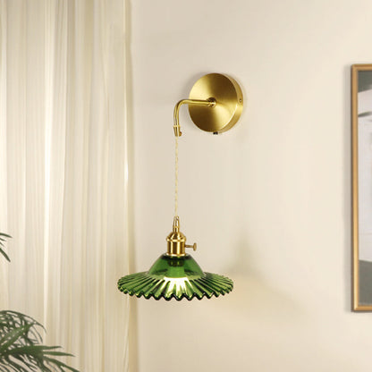 Contemporary Retro Rechargeable Brass Glass Scalloped Skirt 1-Light Wall Sconce Lamp For Bedside