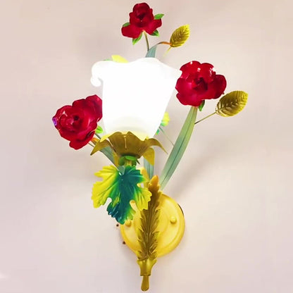 Traditional Farmhouse Iron Glass Rose Floral Bell 1/2 Light Wall Sconce Lamp For Hallway