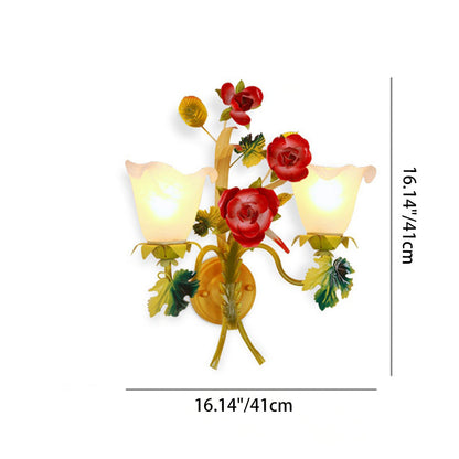 Traditional Farmhouse Iron Glass Rose Floral Bell 1/2 Light Wall Sconce Lamp For Hallway