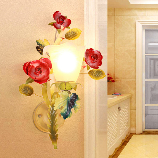 Traditional Farmhouse Iron Glass Rose Floral Bell 1/2 Light Wall Sconce Lamp For Hallway