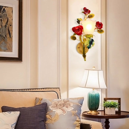 Traditional Farmhouse Iron Glass Rose Floral Bell 1/2 Light Wall Sconce Lamp For Hallway