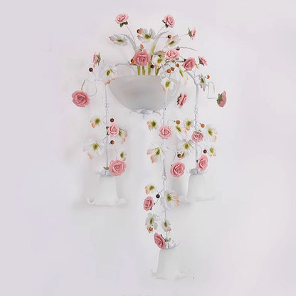 伝統的な農家風セラミックと鉄、ガラス、手作りの花柄ローズ5灯壁取り付け用ランプ（廊下用） 