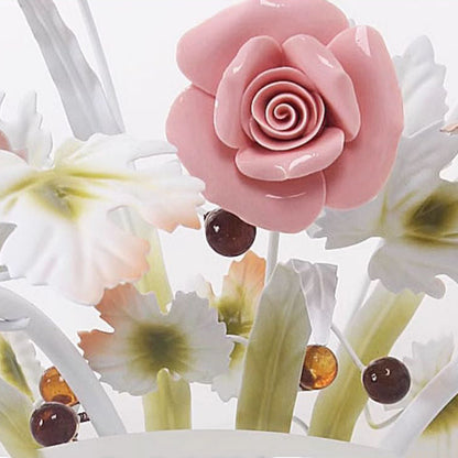 伝統的な農家風セラミックと鉄、ガラス、手作りの花柄ローズ5灯壁取り付け用ランプ（廊下用） 