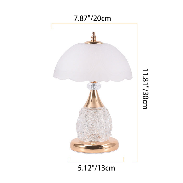 Modern Luxury Rechargeable Iron Glass Frosted Dome Petal Rose LED Table Lamp For Bedside