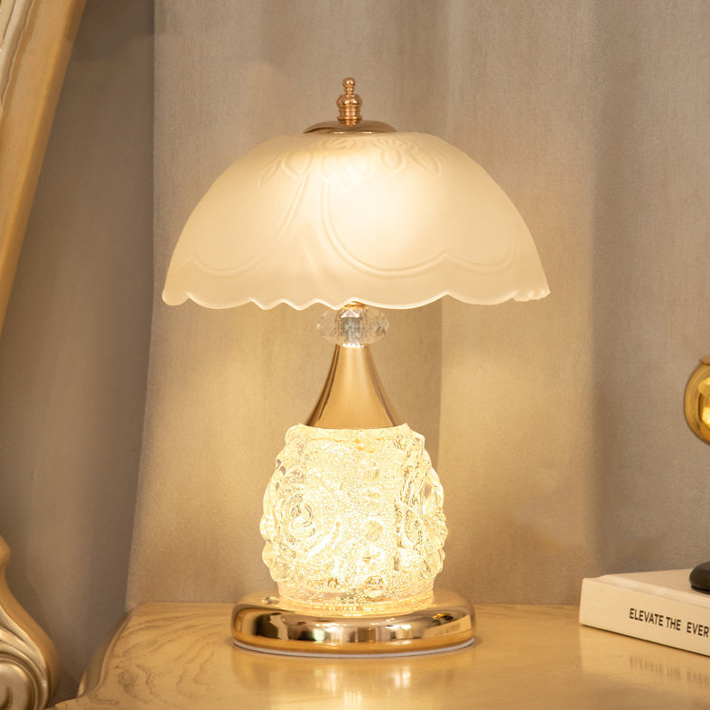 Modern Luxury Rechargeable Iron Glass Frosted Dome Petal Rose LED Table Lamp For Bedside