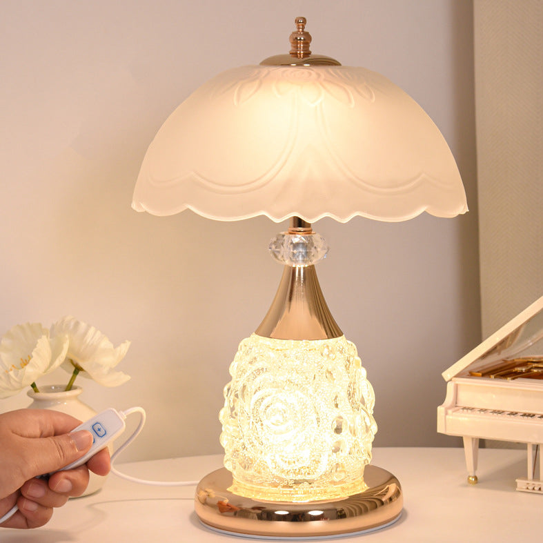 Modern Luxury Rechargeable Iron Glass Frosted Dome Petal Rose LED Table Lamp For Bedside
