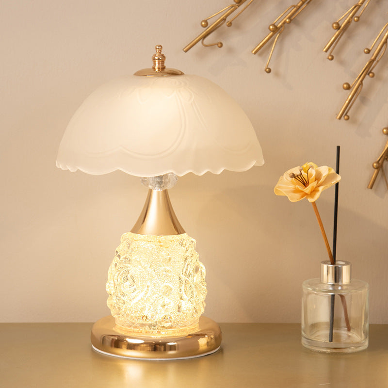 Modern Luxury Rechargeable Iron Glass Frosted Dome Petal Rose LED Table Lamp For Bedside
