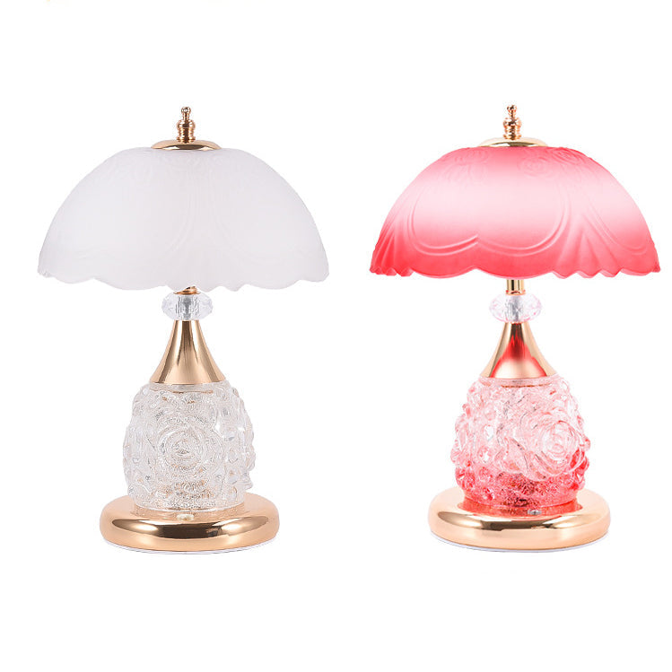 Modern Luxury Rechargeable Iron Glass Frosted Dome Petal Rose LED Table Lamp For Bedside