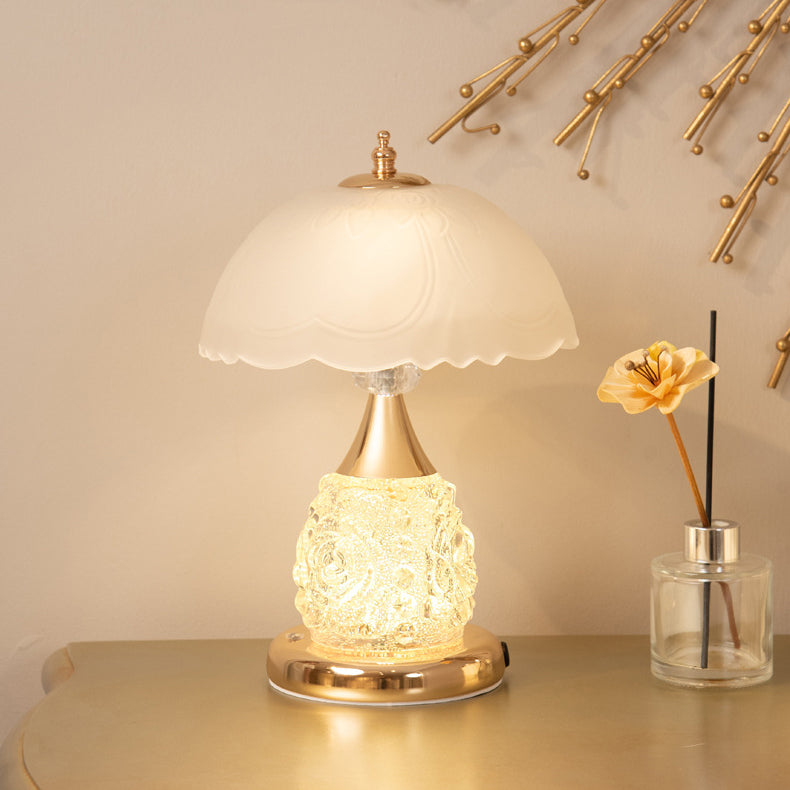Modern Luxury Rechargeable Iron Glass Frosted Dome Petal Rose LED Table Lamp For Bedside