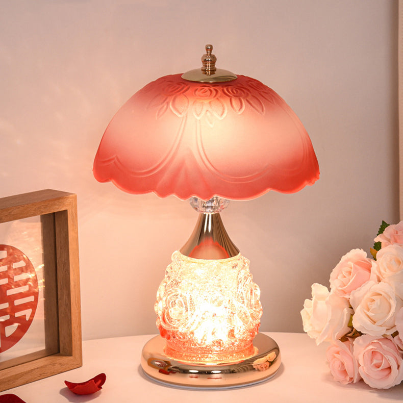 Modern Luxury Rechargeable Iron Glass Frosted Dome Petal Rose LED Table Lamp For Bedside