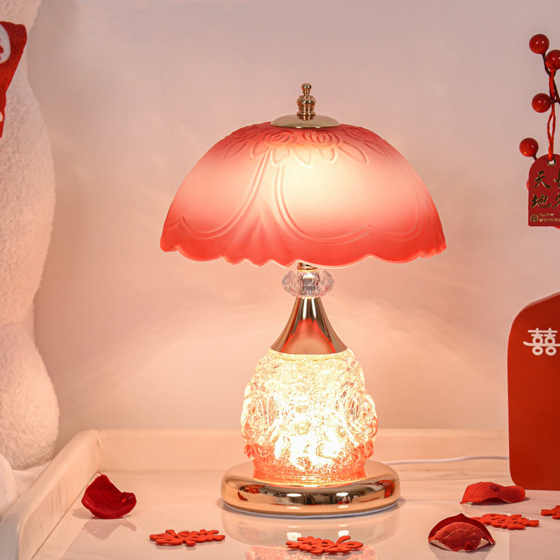 Modern Luxury Rechargeable Iron Glass Frosted Dome Petal Rose LED Table Lamp For Bedside
