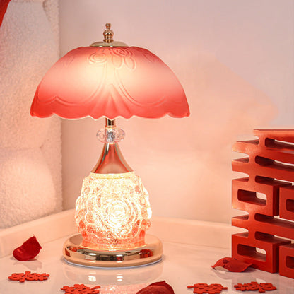 Modern Luxury Rechargeable Iron Glass Frosted Dome Petal Rose LED Table Lamp For Bedside