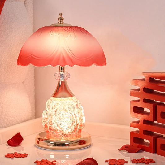 Modern Luxury Rechargeable Iron Glass Frosted Dome Petal Rose LED Table Lamp For Bedside