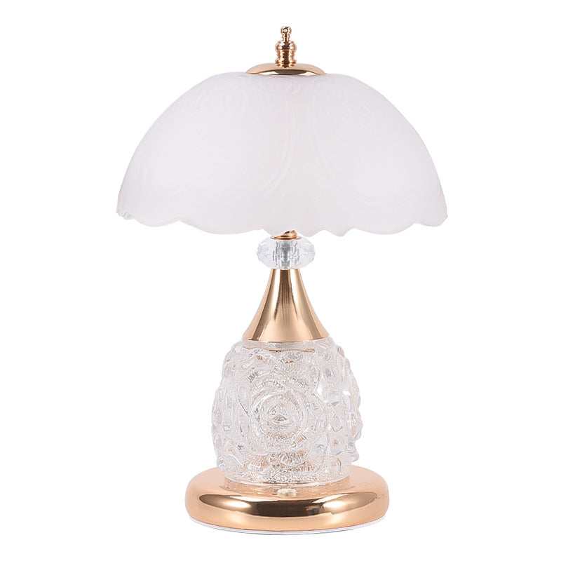Modern Luxury Rechargeable Iron Glass Frosted Dome Petal Rose LED Table Lamp For Bedside