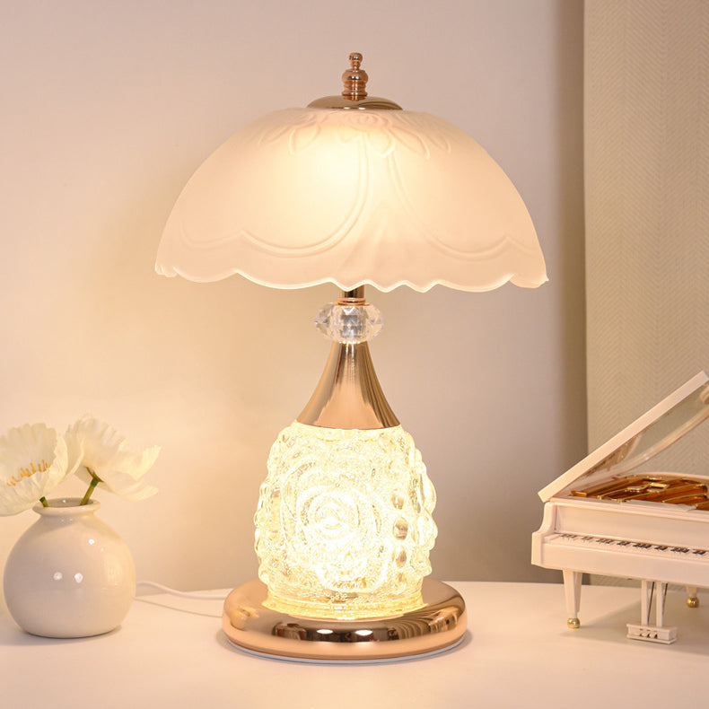 Modern Luxury Rechargeable Iron Glass Frosted Dome Petal Rose LED Table Lamp For Bedside