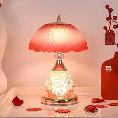 Modern Luxury Rechargeable Iron Glass Frosted Dome Petal Rose LED Table Lamp For Bedside