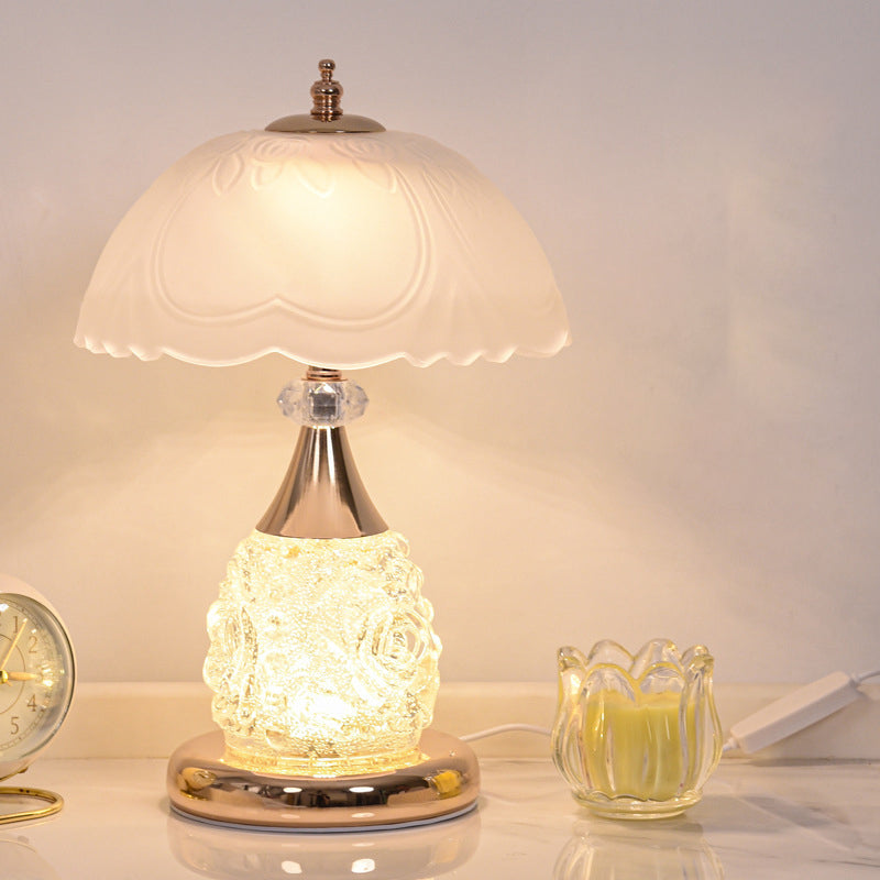 Modern Luxury Rechargeable Iron Glass Frosted Dome Petal Rose LED Table Lamp For Bedside