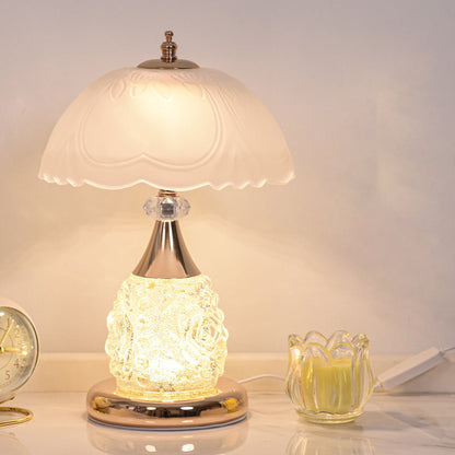 Modern Luxury Rechargeable Iron Glass Frosted Dome Petal Rose LED Table Lamp For Bedside