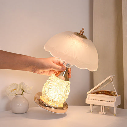 Modern Luxury Rechargeable Iron Glass Frosted Dome Petal Rose LED Table Lamp For Bedside