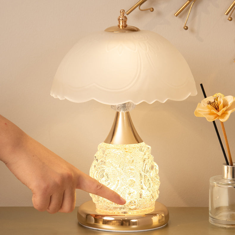 Modern Luxury Rechargeable Iron Glass Frosted Dome Petal Rose LED Table Lamp For Bedside